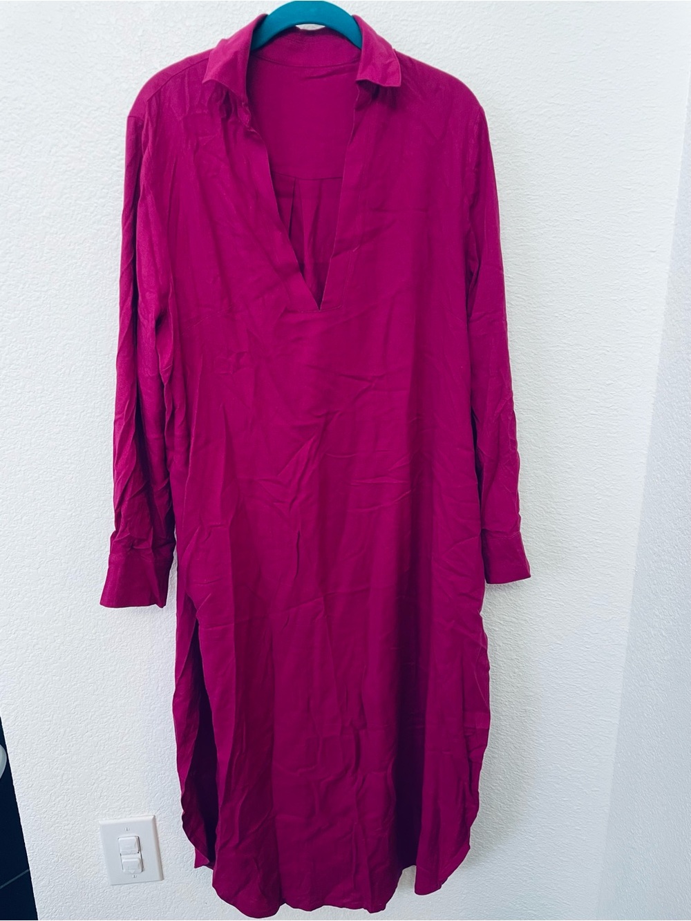Fuchsia Long Sleeve V-Neck linen Shirt Dress